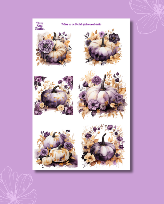 Watercolor Pumpkins Purple and Black Sticker Sheet